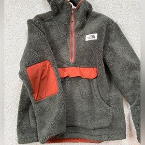 The North Face Men's Olive Green Sherpa Half-Zip with Rust Accents